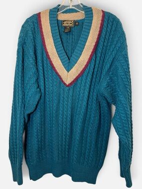 Eddie Bauer mens tennis sweater Cable Knit VNeck medium Vtg blue teal striped